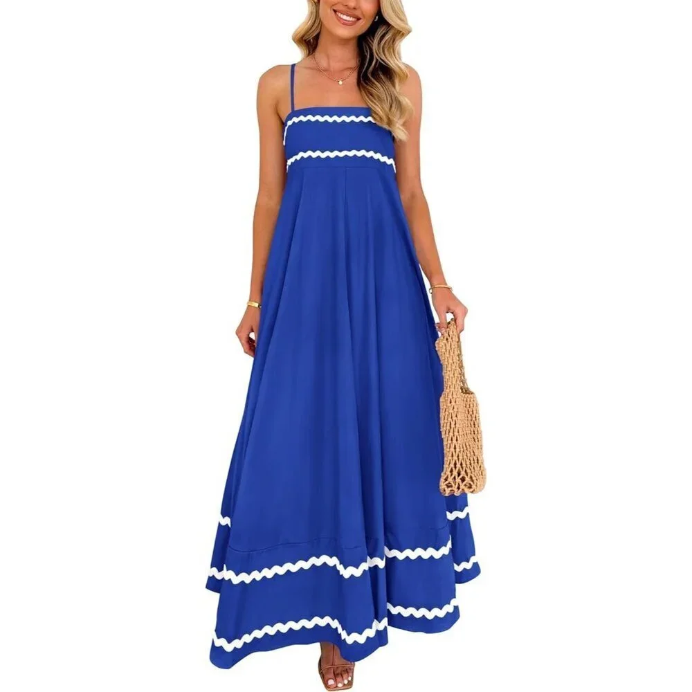 Women's Royal Blue Casual Sleeveless Spaghetti Strap Ruffle Beach Maxi Dress